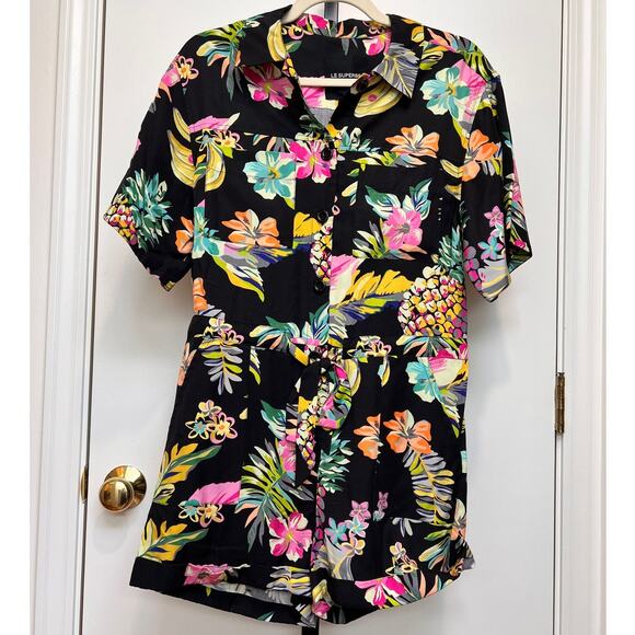 Le Superbe Fruit Salad Romper Black Yellow Tencel Tropical W Sz 2 (XS)